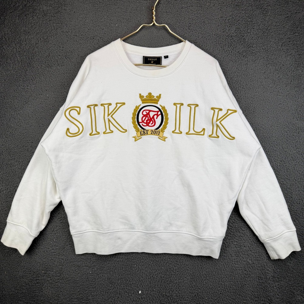 SikSilk Mens Large White Embroidered Crest‎ Graphic Crewneck Sweatshirt SS-11094
